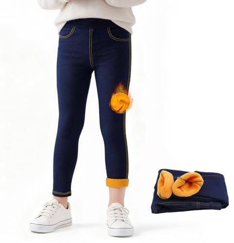 Tokeya Legging Polaire Fille Denim Thermique Molleton 4-5 Ans, Bleu Marine