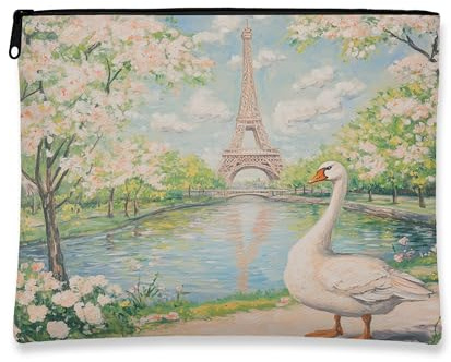 Artistic Vintage Makeup Bag, Paris Tower Floral Cosmetic Pouch for Women, Portable Canvas Zipper Organizer, Spring Travel Toiletry Bag 7x9 Inch