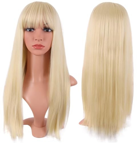 HTTDSLF 24 Pollice/60 cm Lungo Lisci Con Frange Sintetico Capelli, Parrucca bionda con frangia, Parrucca Bionda, Parrucca per Feste Cosplay Quotidiano