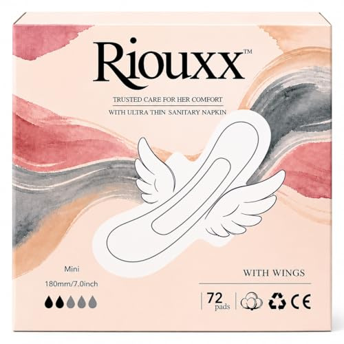 Riouxx Organic Cotton Sanitary Pads with Wings for Women, Petite, 72 Count | Soft Non Woven Pads, Advanced Absorption Technology, Breathable, Guard Protection, All Day Freshness