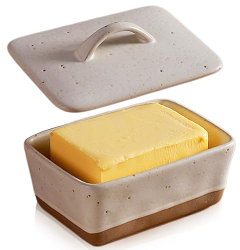 Mantequera de cerámica con tapa, recipiente para mantequilla de porcelana para mantequilla de 350 g, apto para lavavajillas, clásico cuenco de mantequilla de pared gruesa para cocina, desayuno