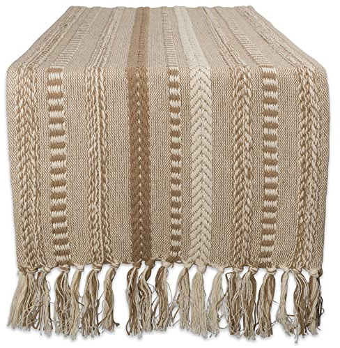 DII Farmhouse Braided Stripe Table Runner Collection, 15x72 (15x77, Fringe Included), Stone