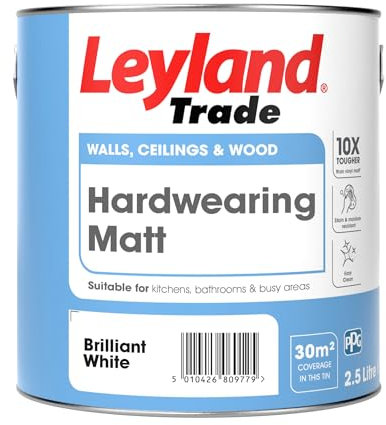 Leyland Trade - Hardwearing Matt Paint - Brilliant White - Stain and Moisture Resistant - Suitable for Kitchens and Bathrooms - 2.5L