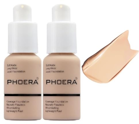 2 Pack PHOERA Foundation, Flawless Soft Matte 24HR Oil Control Full Coverage Foundation Makeup for Women.102 Nude-30ml
