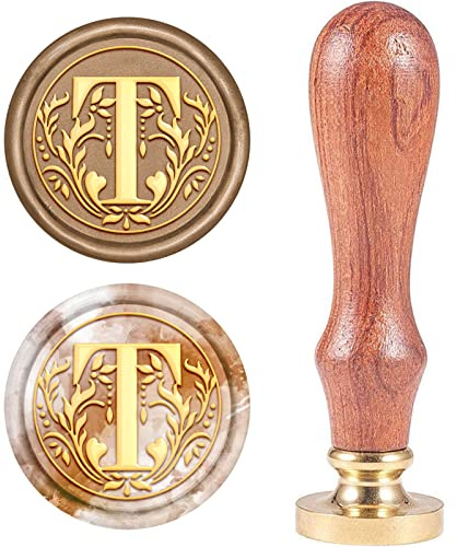 craspire Retro alfabet initialer vax sigillstämpel klassisk vintage 26 bokstäver AZ 25 mm avtagbart mässingshuvud trähandtag för inbjudningskuvert, utsmyckning gåva dekoration (T-bokstav)