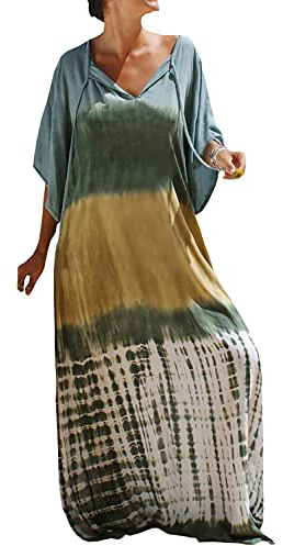 YouKD - Maxi abito lungo da donna, caffettano in stile bohémien, da spiaggia, copricostume da bagno, taglia unica, abbigliamento comodo, Verde e giallo., Taglia unica