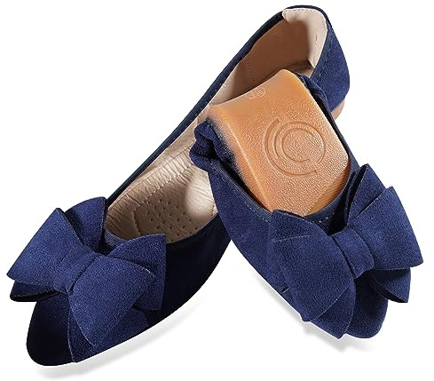 MACHSWON Zapatos Planos de Ballet para Mujer, Cómodos y Plegables, Bailarina, Vestido Casual, Puntera Puntiaguda, Negro con Arco Azul Marino, 38.5 EU