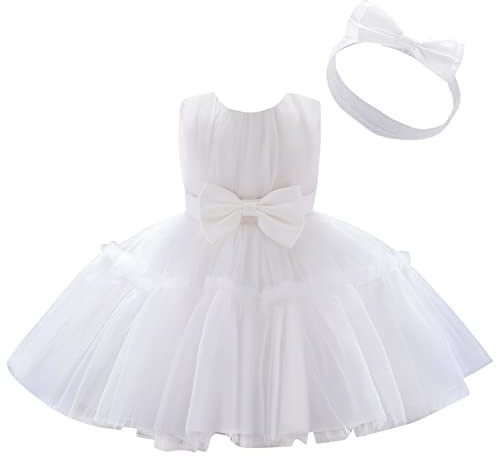 Maeau Robe Princesse Bébé Fille Robe de Baptême en Tulle Robe Anniversaire Fête Robe Cérémonie Bébé Robe Tutu de Mariage avec Bandeau Bowknot Robe Demoiselle d'honneur 02 Blanc 3 Mois à 6 Mois