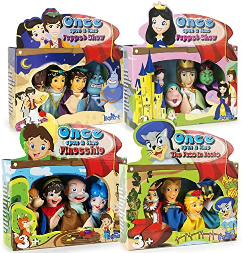 Leomark Bunte Puppen zum Spielen im Theater - 4 Märchen - Handpuppen für Kinder, Schneewittchen, Der gestiefelte Kater, Pinocchio, Alladyn (Set mit 16 Handpuppen)