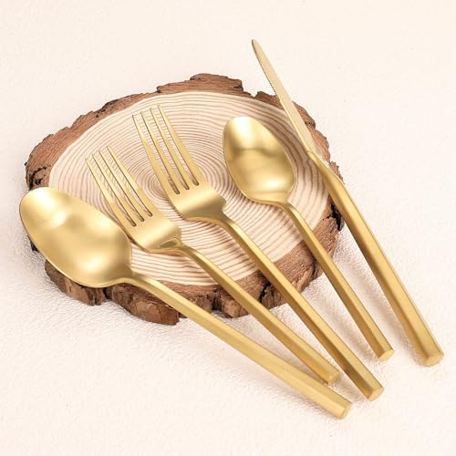 Zerophilo Matte Silverware Set Gold Flatware Set with Hexagon Handle 20 Pieces 18/0 Stainless Steel Cutlery Set Wedding Housewarming Gift Service for 4 (Matt gold)