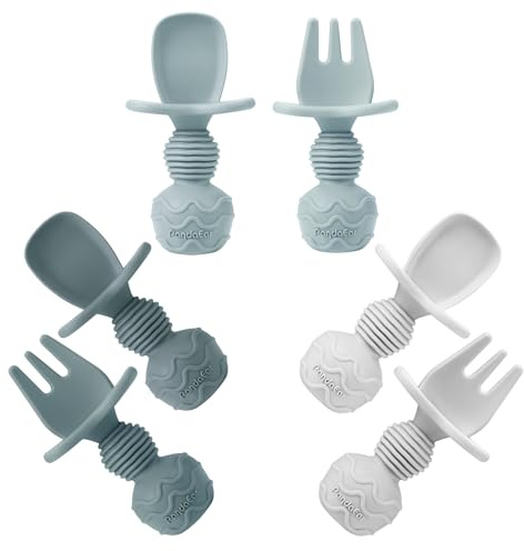 PandaEar 6 Pack Silicone Baby Spoons and Forks Set - Self Feeding Infant Utensils for 6-12 Months - First Stage Baby Led Weaning (BLW) Training Set with Choke Barrier - BPA-Free, Dishwasher Safe