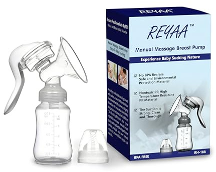 REYAA Manual Breast Pump - Ergonomic Hand Pump for Efficient Breastmilk Expression, Portable and Easy to Use, Clear Bottle with Measurement Markings, Ideal for On-The-Go Nursing Moms, 4oz/100ml