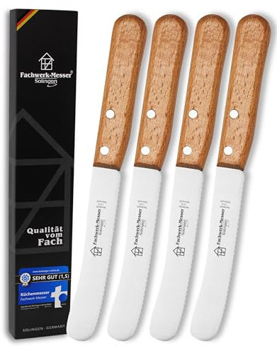 Fachwerk-Messer Buckelsmesser 4er-Set mit Wellenschliff - Testsieger - Frühstücksmesser aus Solingen/Germany - Brötchenmesser/Brotzeitmesser Buchenholz