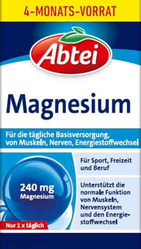Abtei Magnesium – Basisversorgung für den Alltag – Für Muskeln und Nerven – Glutenfrei, Laktosefrei – Vorratspackung – 120 Kapseln für 4 Monate