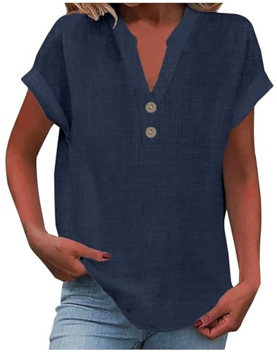 Camisa Mujer Lino Algodón Manga Corta Camiseta Blusa Polo Ligero Verano Moda Casual Color Sólido Cómodo Suelto Cuello en V Botones Tops Elegante Basic tee Talla Grande Transpirable 2025