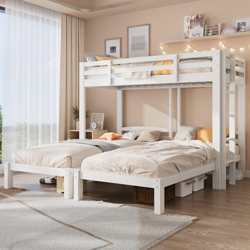 Rvjiahe Letto tripla a castello con scala laterale per bambini e ragazzi, bianco (90 x 200 cm)