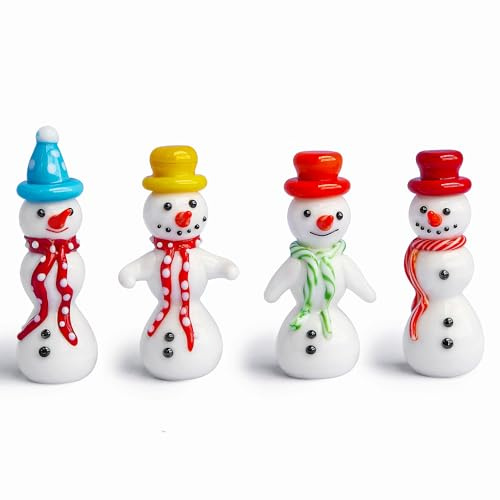 4pcs Blown Glass Snowman Figurine 2.5'' Miniature Glass Christmas Figurines | Handmade Mini Christmas Figurines Collectibles Snowman Decor Ornaments Centerpiece - Winter Holiday Gift