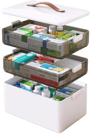 NCONCO 3-vånings medicinlåda – bärbar med läderhandtag, perfekt för hushåll och resor, 34 x 22 x 25,5 cm, vit
