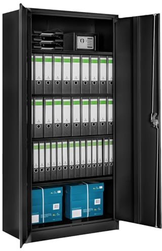 tectake® Armadio Porte Battenti, 180x90x40 cm, con 2 Ante e 5 Ripiani, Mobile con Serratura Chiave, Armadietto Portadocumenti e Faldoni per Ufficio in Metallo, Mobili Ufficio, Archivio - Nero