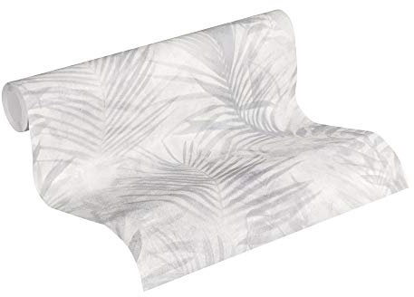 A.S. Création Neue Bude 2.0 Edition 2 Papier peint intissé Tropical Concret avec feuilles de palmier 10,05 m x 0,53 m Gris/blanc/crème Fabriqué en Allemagne 374115 37411-5