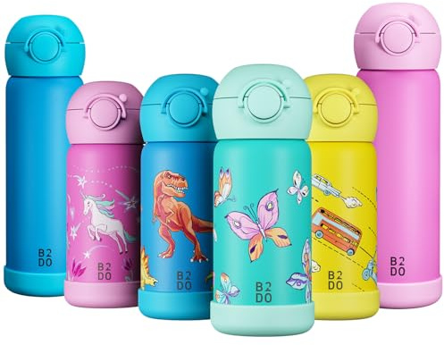 B2DO Dubbelväggig Rostfritt Stål 316 Termosflaska för Fjäril 350ml | Läckagesäker Isolerad Barn Drickflaska för Skolan | BPA-fri Drickflaska med Sugrör för Barn