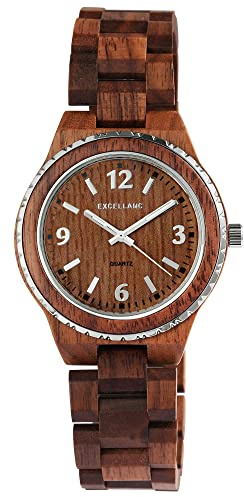 Excellanc Unisex-Holzuhr Leuchtzeiger Faltschließe Analog Quarz 2810007 (Walnussholz)
