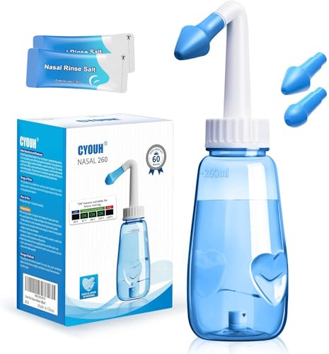 CYOUH Neti Pot Sinus Rinse Bottle 260 ML with 60 Nasal Wash Salt Packets and Sticker Thermometer Nose Wash Cleaner Pressure Rinse Nasal Irrigation for Adult & Kid BPA Free (Blue)
