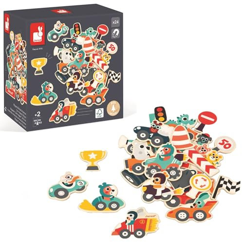 Janod - 24 Rennwagen-Magnete Spielzeug aus FSC-Holz - Magnetisches Lernspiel - Zubehör für Magnettafel - Ab 24 Monaten, J09641