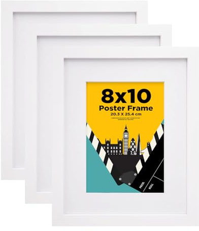 EGOFINE 10x8 Picture Frame,100% Solid Wood Frame with 7x5 Mat,10x8 Photo Frame with Acrylic Glass,20x25 cm Poster Frames for Tabletop and Wall Mounting,White,3 Pack