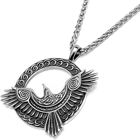 Verziertes Vogel-Amulett Adler Rabe aus 316L Edelstahl silber gold Wikingerschmuck Kettenanhänger Kelten Halskette Germanen Schmuck (Silber)