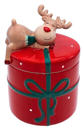 Dekorhjälte24 keramisk julburk – kakburk – burk med lock som present med älg, i rött, mått L/B/H ca 10 x 10 x 14 cm
