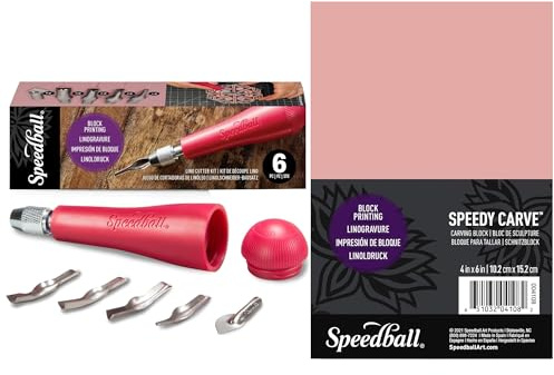 Speedball Rubber Carving Block Stamp Making Kit with Lino Cutter Tools for Linoleum Printmaking, Printing