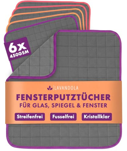 Lavandola® 6 paños de limpieza de ventanas de microfibra de carbono (450 g/m², extra fuerte), sin rayas y absorbentes para ventanas, coches y espejos, paños de cristal premium sin productos químicos