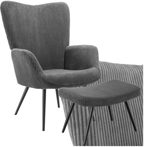 tectake® Skandinavischer Stil Ohrensessel, Sessel Hygge mit Hocker, Breitcordbezug, Sessel Wohnzimmer, Schlafzimmer, Esszimmerstuhl, Statement Loungesessel, belastbar bis 150 kg - anthrazit/schwarz