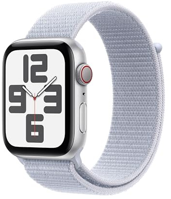Apple Watch SE (2. Generation) GPS + Cellular 44 mm Smartwatch mit Aluminiumgehäuse in Silber und Sport Loop in Blaue Wolke (One Size). Fitness und Schlaftracker, Unfallerkennung, CO₂ neutral