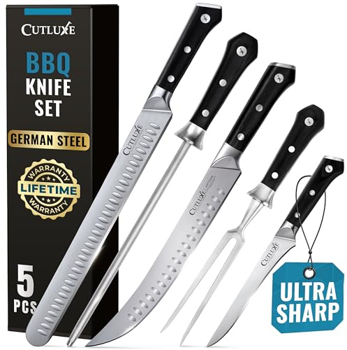 Cutluxe 5-Piece Butcher Knife Set – Slicing Carving Knife Set for Meat Cutting, Ultra Sharp German Steel, Full Tang, Ergonomic Handles – Artisan Series