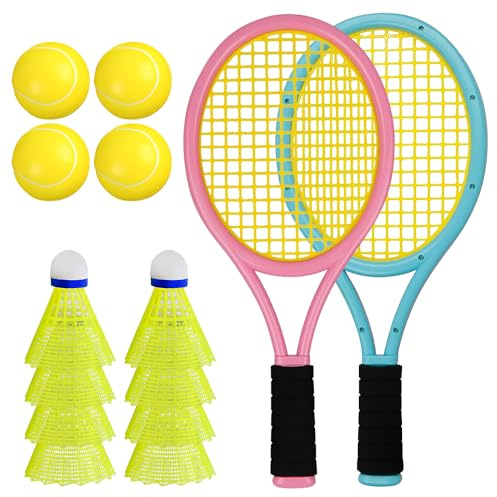 Hojalis Kids Tennis Rackets, Kid Badminton Set with 2 Plastic Rackets, 4 Foam Balls, 8 Badmintons & Storage Bag, Bat and Ball Set for Kids, Tennis Set for Toddler Outdoor/Indoor Sport Play