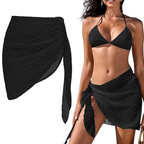 KQOZG 1 pieza Pareo para Mujer, Media de Traje de Baño de Gasa para Damas, Corto Falda Bikini Cubierta, Sarong para Playa Piscina Vacaciones Ropa Mujer, Playa Mujer, Falda Negra Corta (Negro)