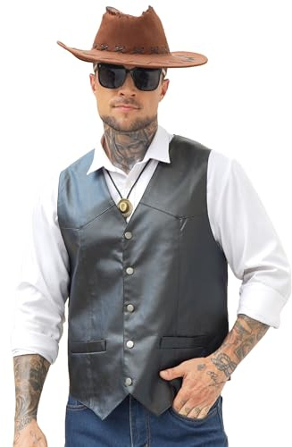 Giftdigger Men's Western Cowboy Vest,Vintage Cowboy Suit Vest with Bolo Tie, Slim Wedding Vests,Leather Light Casual Vests,Black Vintage Western Denim Casual Waistcoat, XXL