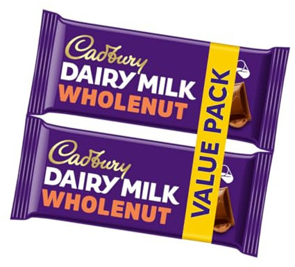 Cadbury Dairy Milk Wholenut Chocolate Bars 240g – Creamy Milk with Whole Hazelnuts, Sweet Snack with Nutty Texture, Ideal for Sharing (2x120g)