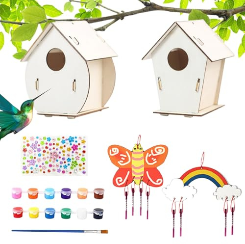 Birdhouse Kits For Kids, Wooden Birdhouse Kit Includes Paints & Brushes, Wooden Assembly, 2 Sets, Educational Outdoor Toys For Kids Ages 4-8, Arts & Crafts