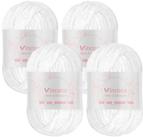 Vincona Fil chenille 4 x 100 g laine à tricoter - Doux laine crochet, chenille fil pour crochet tricot - 100% polyester - 4 x 120 m Super Soft Chunky Yarn - Aiguilles n° 5-6 Blanc