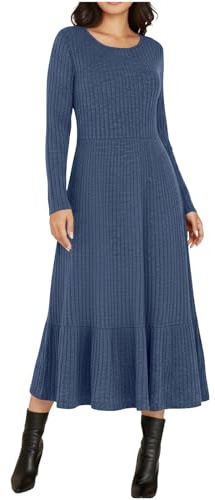GMQWRK Women Long Sleeve Crew Neck Knit Dresses Flowy Tiered A-Line Midi Dress with Ruffle Hem Casual Slim-Fit Soft Knitted Jumper Dresses Fall Spring Lightweight Empire Waist Sweater Dress Navy