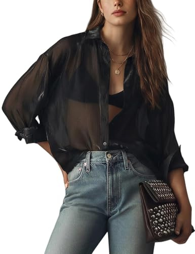 Wyeysyt Womens Shiny Sheer Blouse Top Sexy Mesh Shirt See Through Long Sleeve Shirts Button Down Collared Tops(Black-L)
