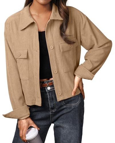IWOLLENCE Giacca in velluto a coste, da donna, a maniche lunghe, con risvolto, cachi, XS