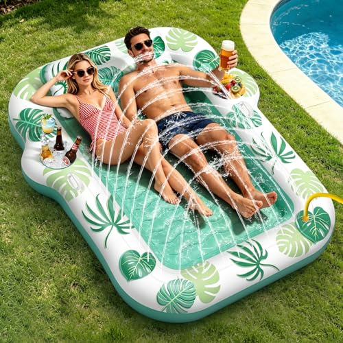 JONRRYIN Matelas Gonflable Piscine 2 Personnes, Tanning Pool avec Fonction Brumisation & Porte-Gobelets, 225×190 cm Grande Île Flottante, Hamac Gonflable pour Piscine et Plage (Vert)