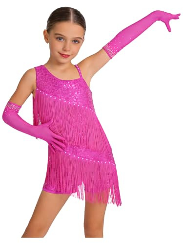 dPois Vestido Lentejuelas De Baile Latino para Niña Maillot con Flecos Y Pedrería Brillante Y Guantes De Malla Traje De Competición