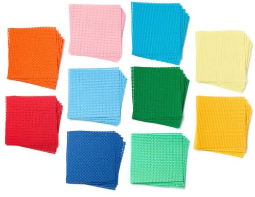 Springboard Cross Stitch Fabric Squares - 50-Pack of Binca Mesh Sheets for Sewing - 100% Cotton Embroidery Fabric for Kids - Cross Stitch Accessories - 15 x 15 cm Squares - Assorted Colours
