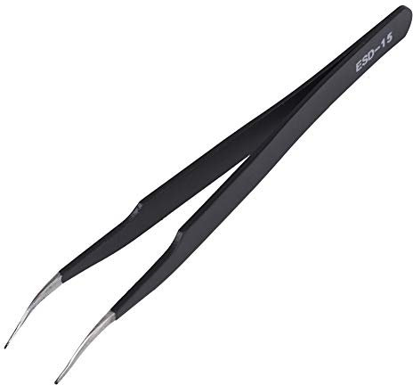 ESD 15 Antistatische Pinzette, hohe Präzision, gebogen, spitz, zum Härten von Wimpern, Nagelkunst, Elektronik, Wartungswerkzeug, Edelstahl, Schwarz, 11,6 cm
