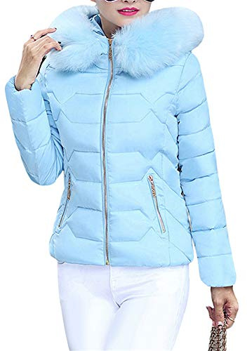 YMING Donna Piumino con Pelliccia Giacca Casual Slim Inverno Piumino Caldo Capispalla Con Cappuccio Blu XS